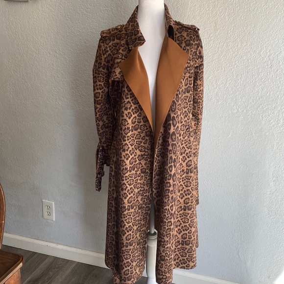 Leopard Print Wrap Coat Tie Belt Long Sleeves Brown Rust Light Weight Women’s XS - Picture 2 of 11